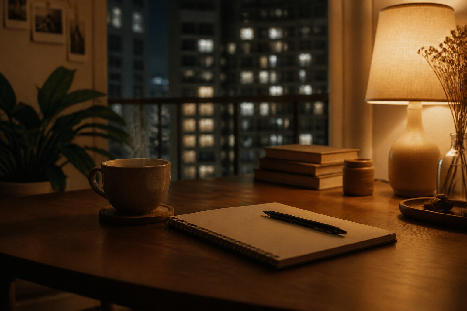 Warm desk with teacup, notepad and pen in a Singapore flat — ready for a reader message